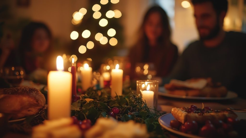 A close-knit kehilla group lighting candles for Shabbat dinner in a warmly decorated room with traditional food